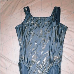 blue and gold “camo” leotard
